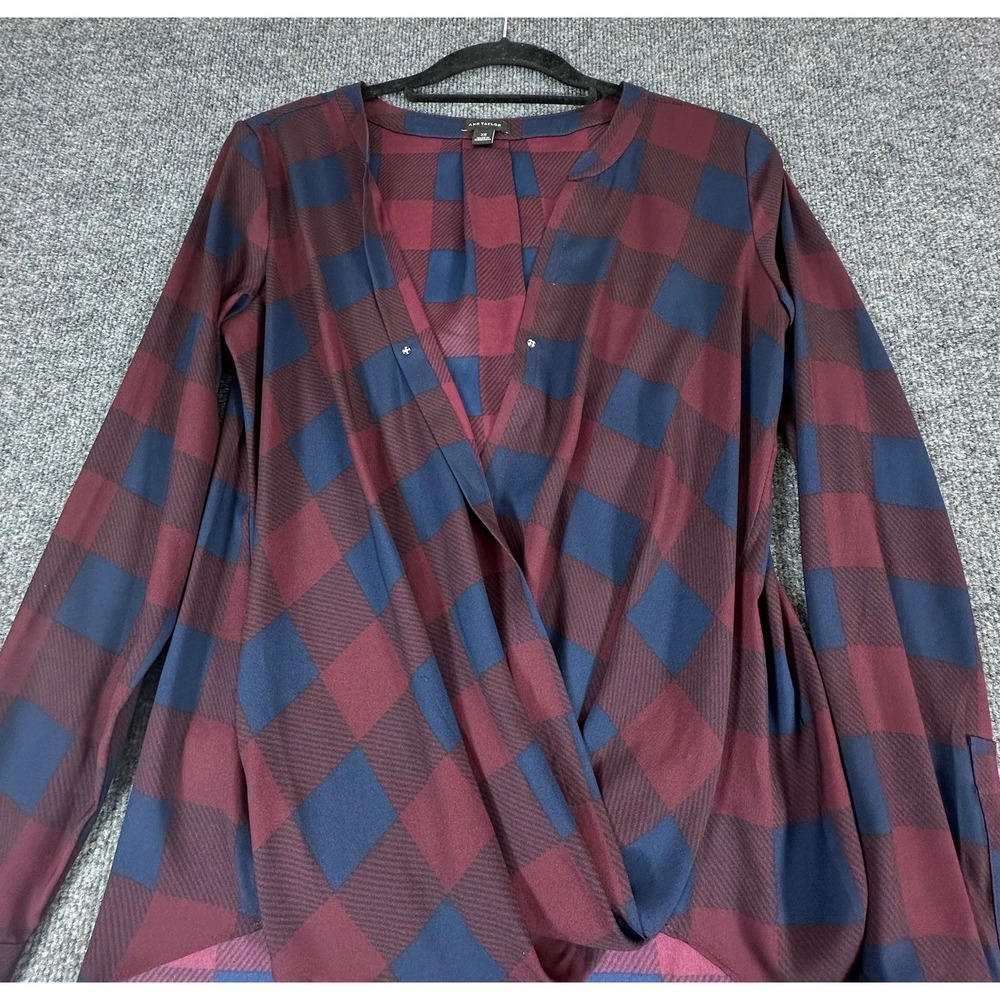 Ann Taylor Women's Burgundy Navy Plaid Long Sleeve Wrap Top Blouse‎ XS